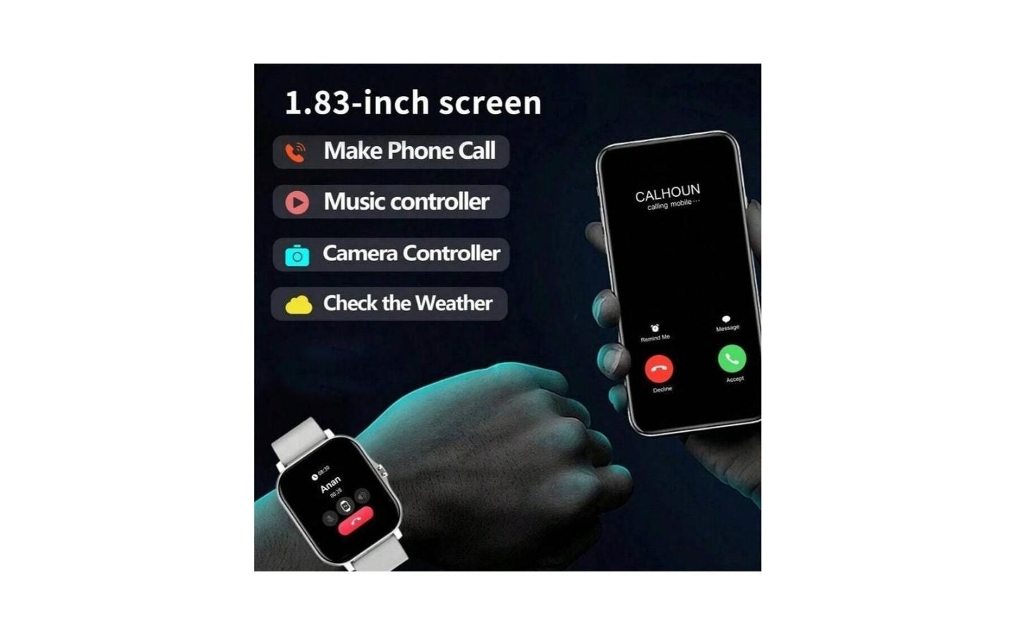 1.83" HD Smartwatch: SIMSONLAB BT Calling, Fitness & Weather, iOS/Android