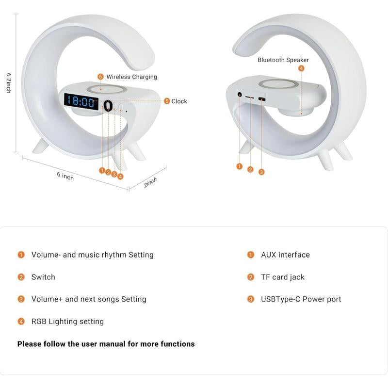 G-Shape Music Lamp: Wireless Charger, RGB Night Light, Alarm Clock, Bluetooth Speaker