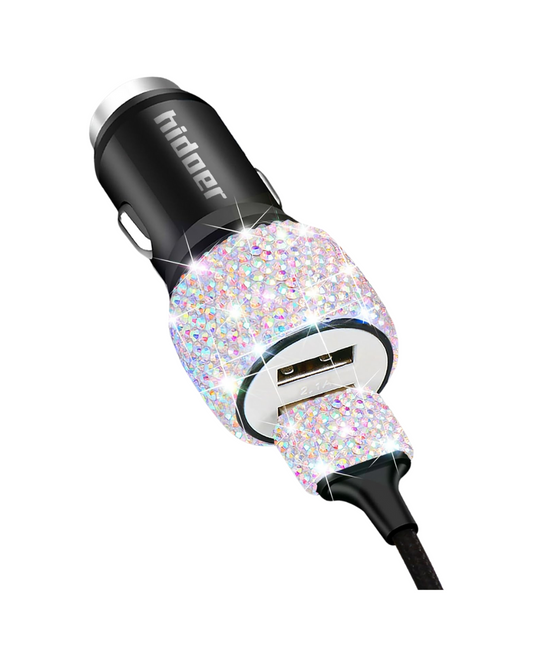 Bling USB Car Charger - 5V 2.4A Crystal Dual Port with 4ft 3-in-1 Cable