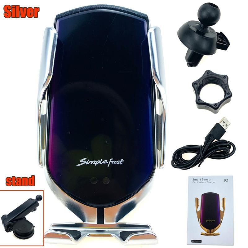 STEVVEX Automatic Car Wireless Charger Mount – Infrared Induction, Qi Charging, 360° Rotation, One-Hand Auto Clamp, Silver/Gold