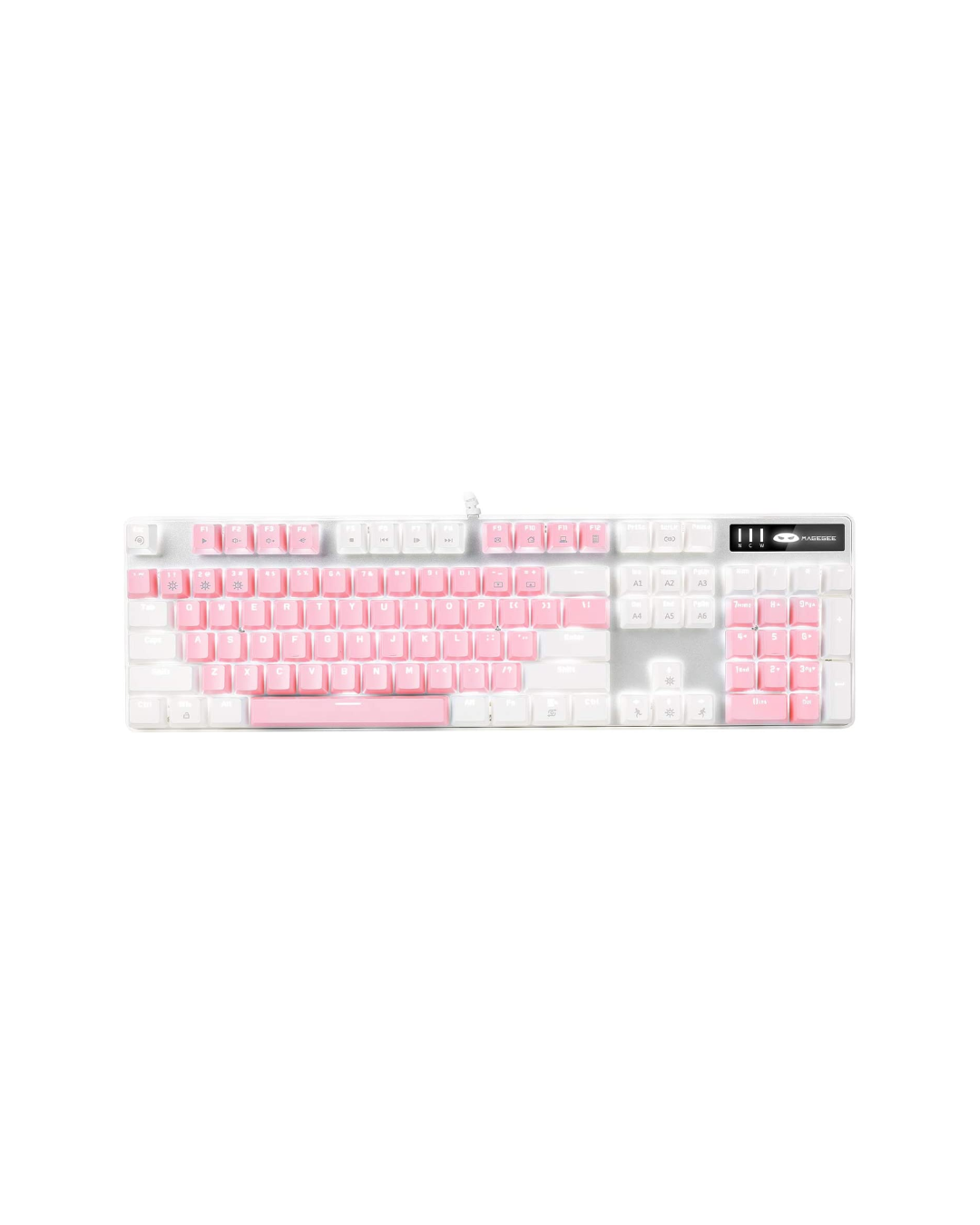 Mechanical Gaming Keyboard: Blue Switches, White Backlit, 104 Keys, Wired USB (White & Pink)