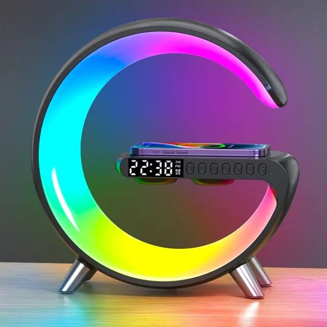 15W Wireless Charging Alarm Clock with Speaker + RGB Night Light – All-in-One Bedside Station, iPhone/Samsung/Xiaomi Compatible, App Control