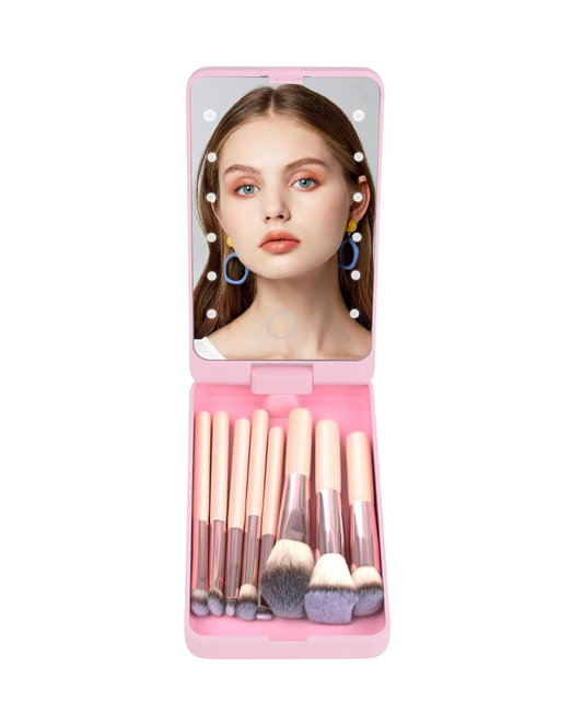 Mini 8-Piece Travel Makeup Brush Set with LED Mirror - Personalized Teen Brush Kit