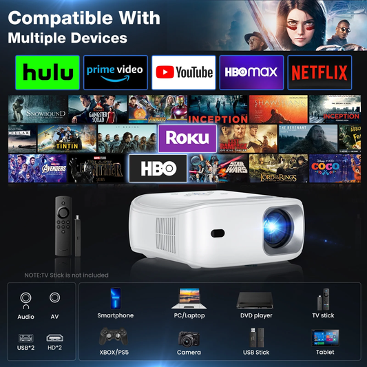 AUOSHI Smart Projector – Native 1080P Supports 4K, 5G/2.4G WiFi + Cellular Screen Mirroring, Bluetooth 5.1, 15W Speaker, 40–200" Display, 50% Zoom, ±15° Keystone, 360° Flip