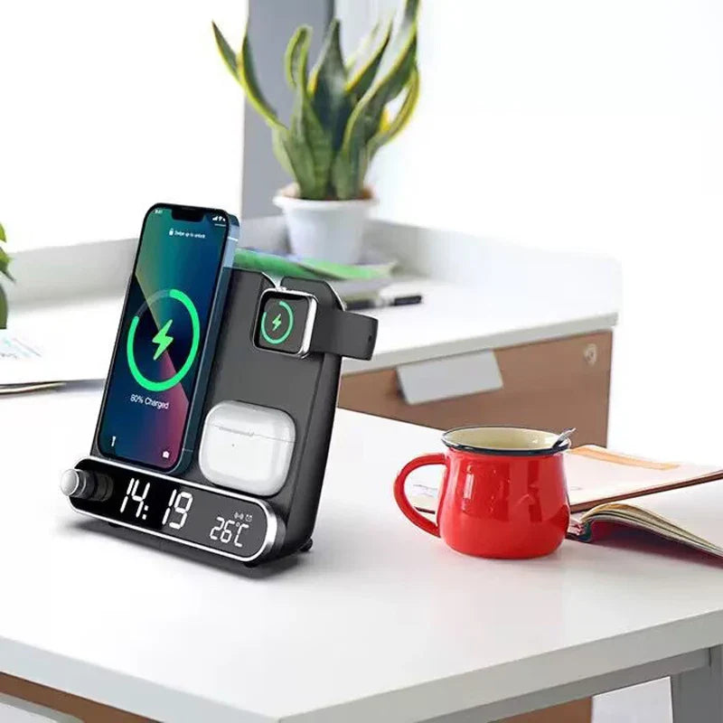 3-in-1 Wireless Charging Station with Alarm Clock – 15W Fast Charger for iPhone, Apple Watch & AirPods, LED Display