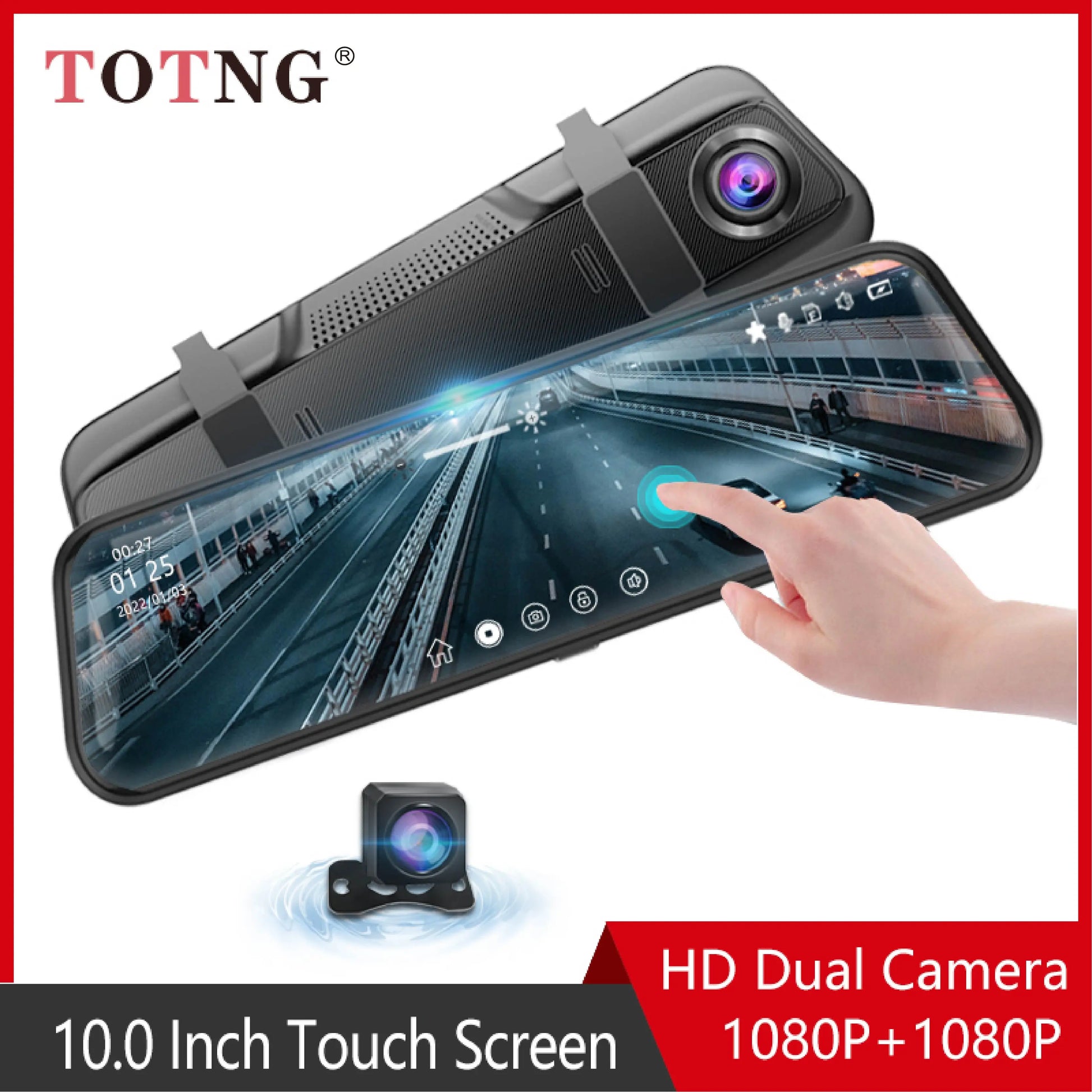 10-Inch for Car Touch Screen Video Recorder Rearview Mirror Dash Cam Front and Rear Camera Mirror DVR (Rear Camera Optional)