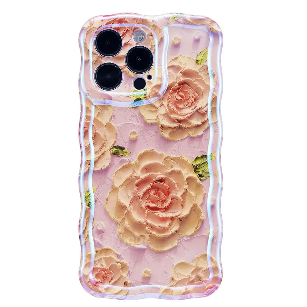 Stylish Phone Case for Iphone 11 12 13 14 15 16 Pro Max Retro Oil Painting Flower Glossy Cute Floral Wave Border Exquisite Cover