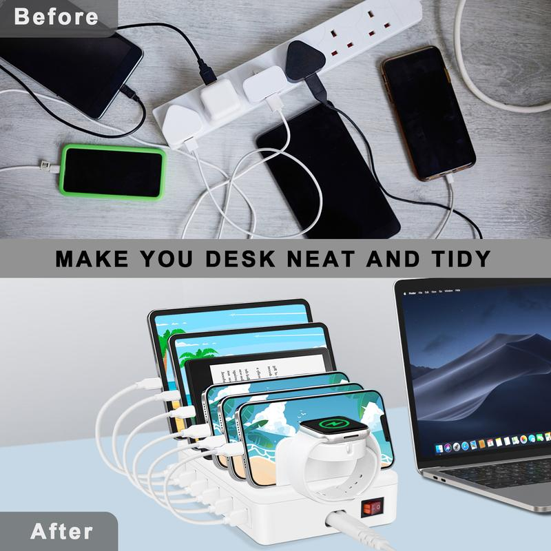 The Ultimate Charging Station: 50W 6-Port USB, 10 Slots, Watch Holder & 6 Short Cables
