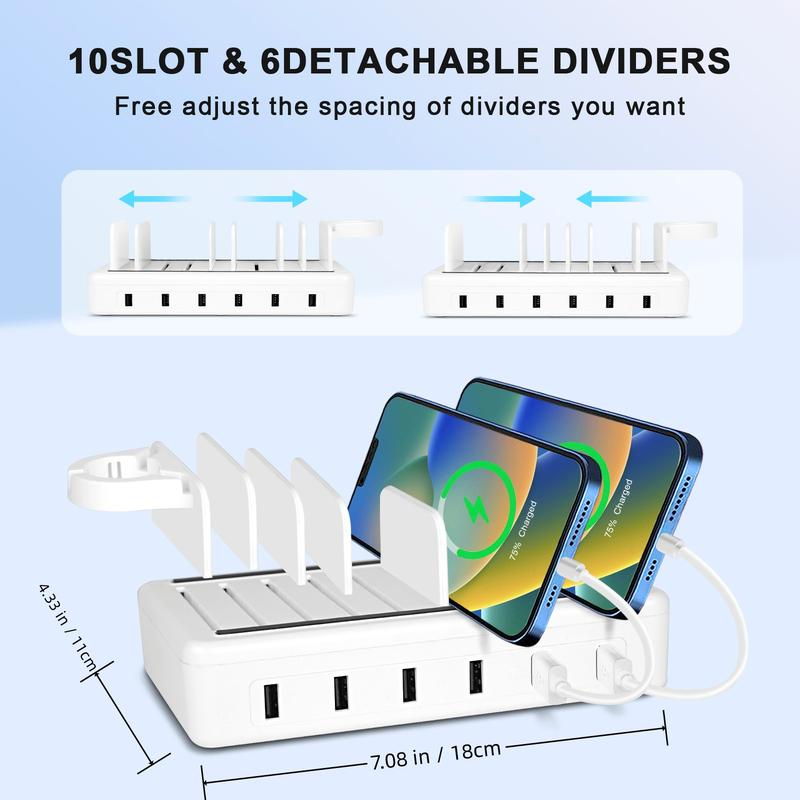 The Ultimate Charging Station: 50W 6-Port USB, 10 Slots, Watch Holder & 6 Short Cables