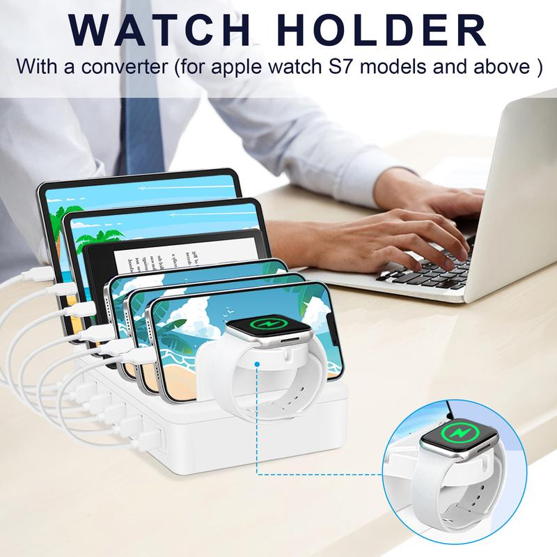 50W 6-Port USB Charging Station - 10 Slots with Watch Holder & 6 Short Cables