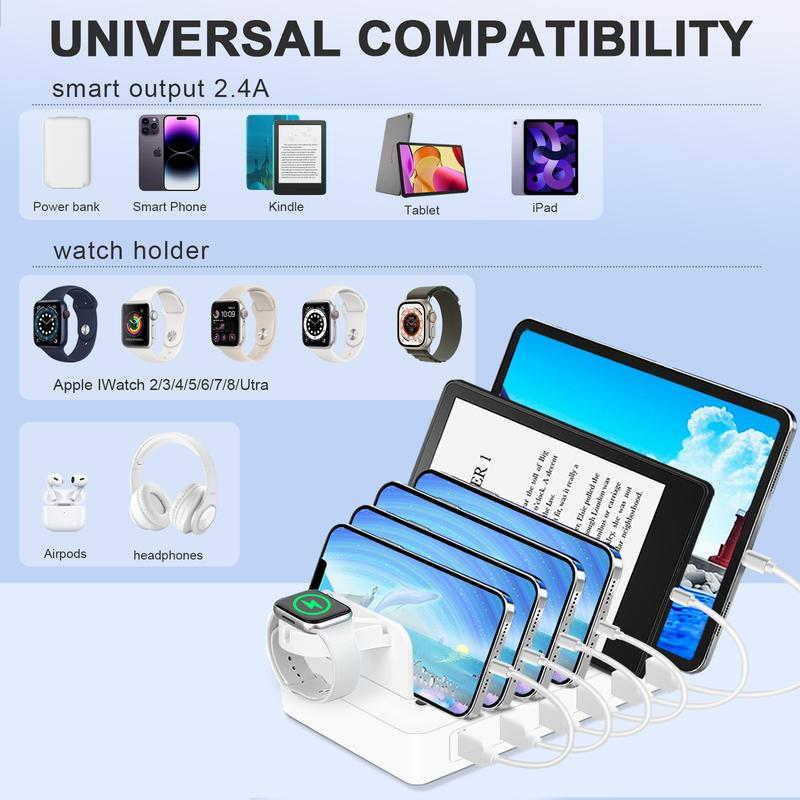 The Ultimate Charging Station: 50W 6-Port USB, 10 Slots, Watch Holder & 6 Short Cables