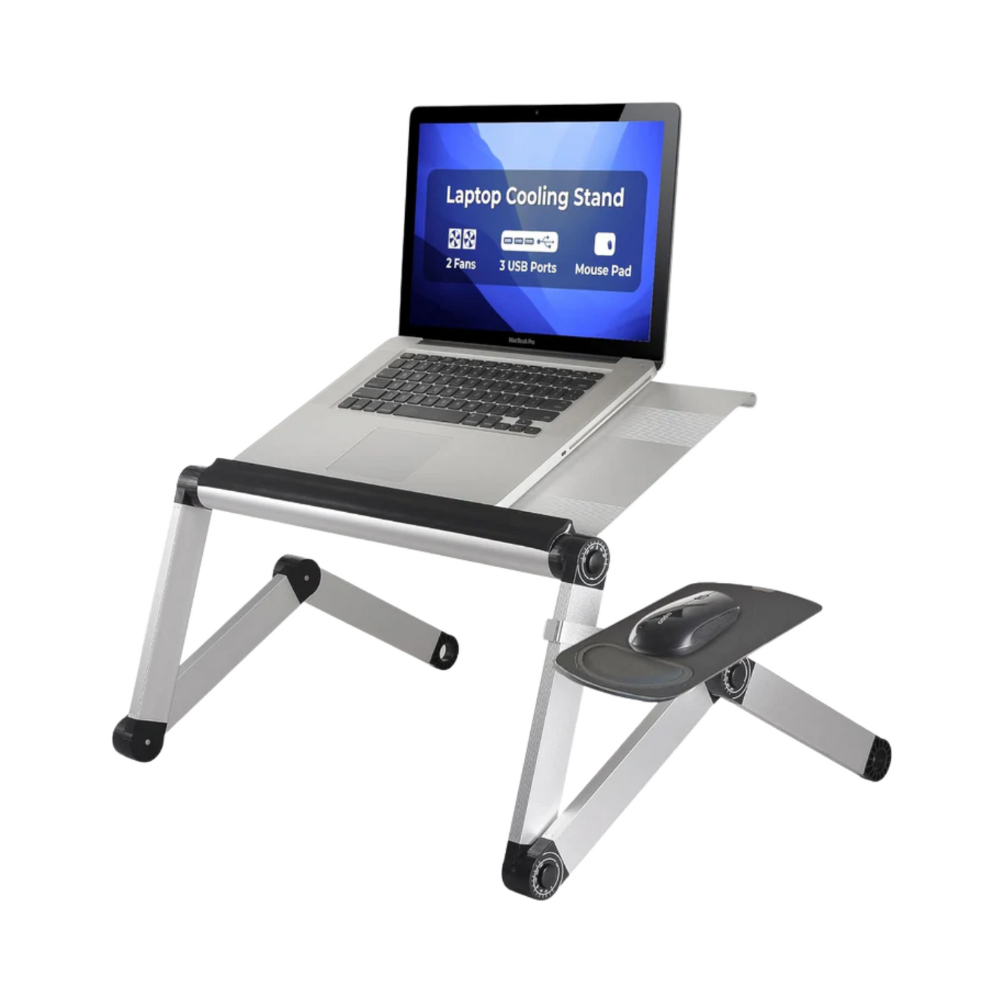 Workez Adjustable Laptop Stand - Cooling Fan, USB Ports & Mouse Pad (Silver)
