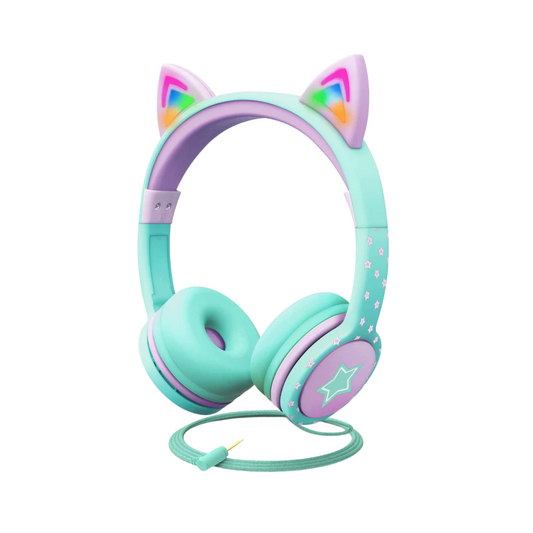 Auriculares LED con orejas de gato para niños - Volumen limitado, cable de 3,5 mm para iPad/tableta