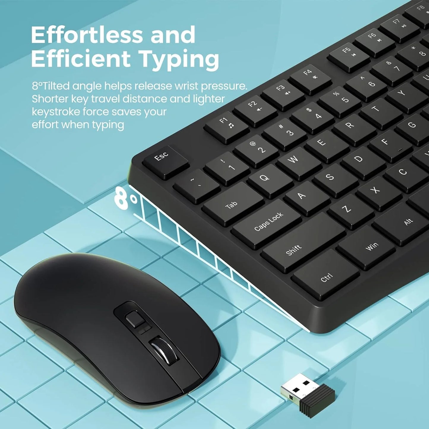 Wireless Keyboard and Mouse Combo, 104 Full-Size Adjustable Keyboard with Battery Indicator, Compact Computer Keyboard, Silent Mouse, 3 DPI, Easy to Use, for Windows, Chrome, Laptop, Computer