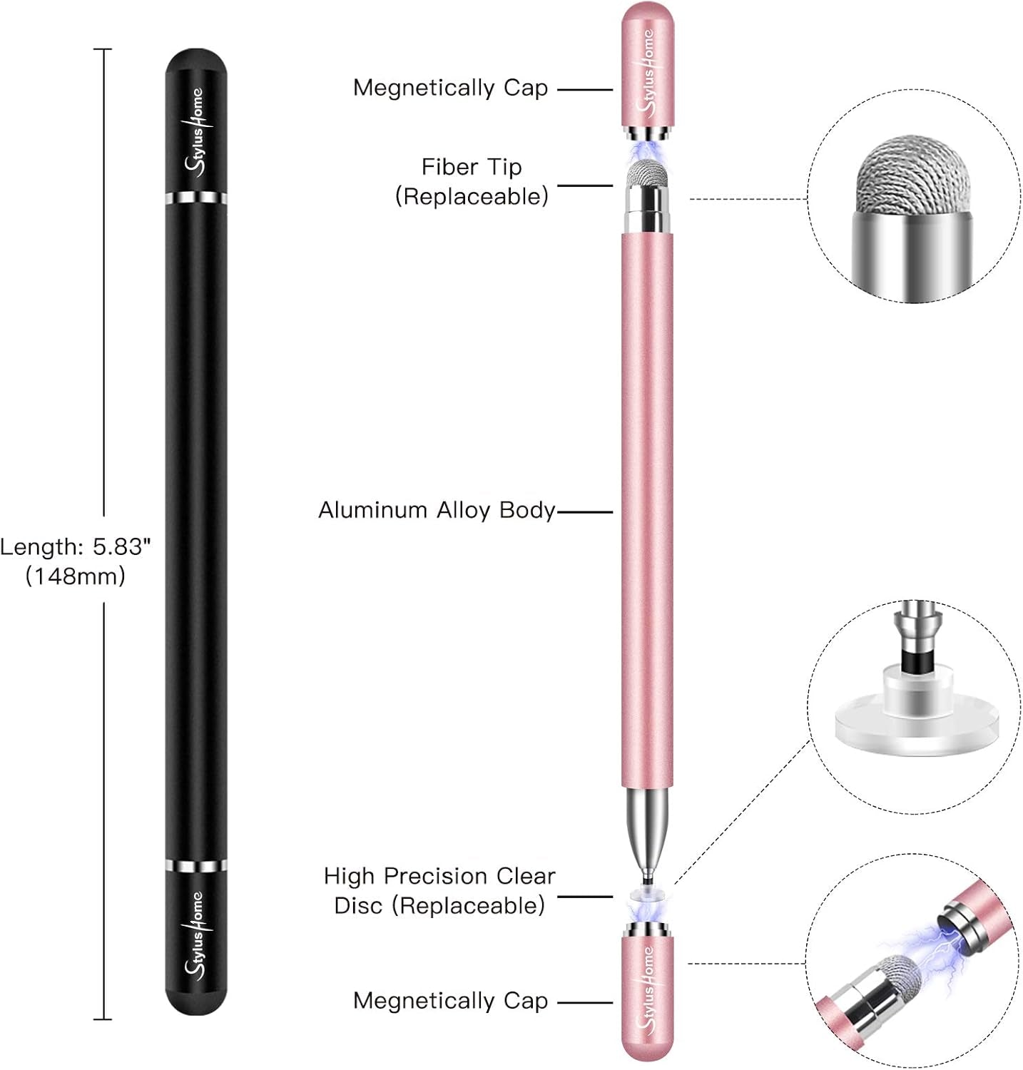 Stylus for Ipad (2 Pcs), Magnetic Disc Universal Stylus Pens Touch Screens for Apple/Iphone/Ipad Pro/Mini/Air/Android/Microsoft/Surface All Capacitive Touch Screens - Black/Rose Gold