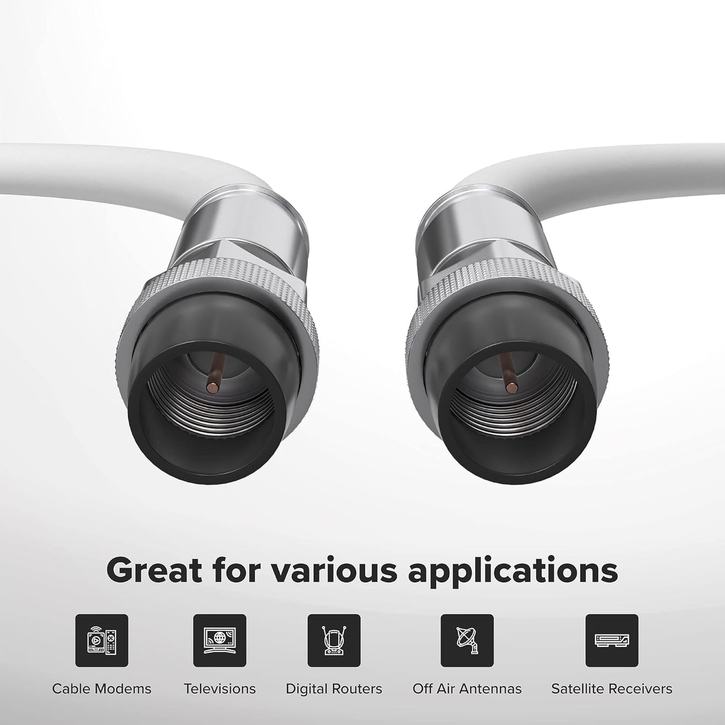75' Feet, White RG6 Coaxial Cable with Rubber Booted - Weather Proof Indoor/Outdoor Rated Connectors, F81 / RF, Digital Coax for CATV, Antenna, Internet, Satellite, and More