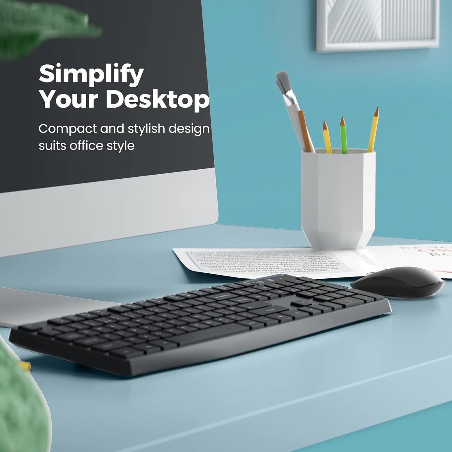 Wireless Keyboard and Mouse Combo, 104 Full-Size Adjustable Keyboard with Battery Indicator, Compact Computer Keyboard, Silent Mouse, 3 DPI, Easy to Use, for Windows, Chrome, Laptop, Computer