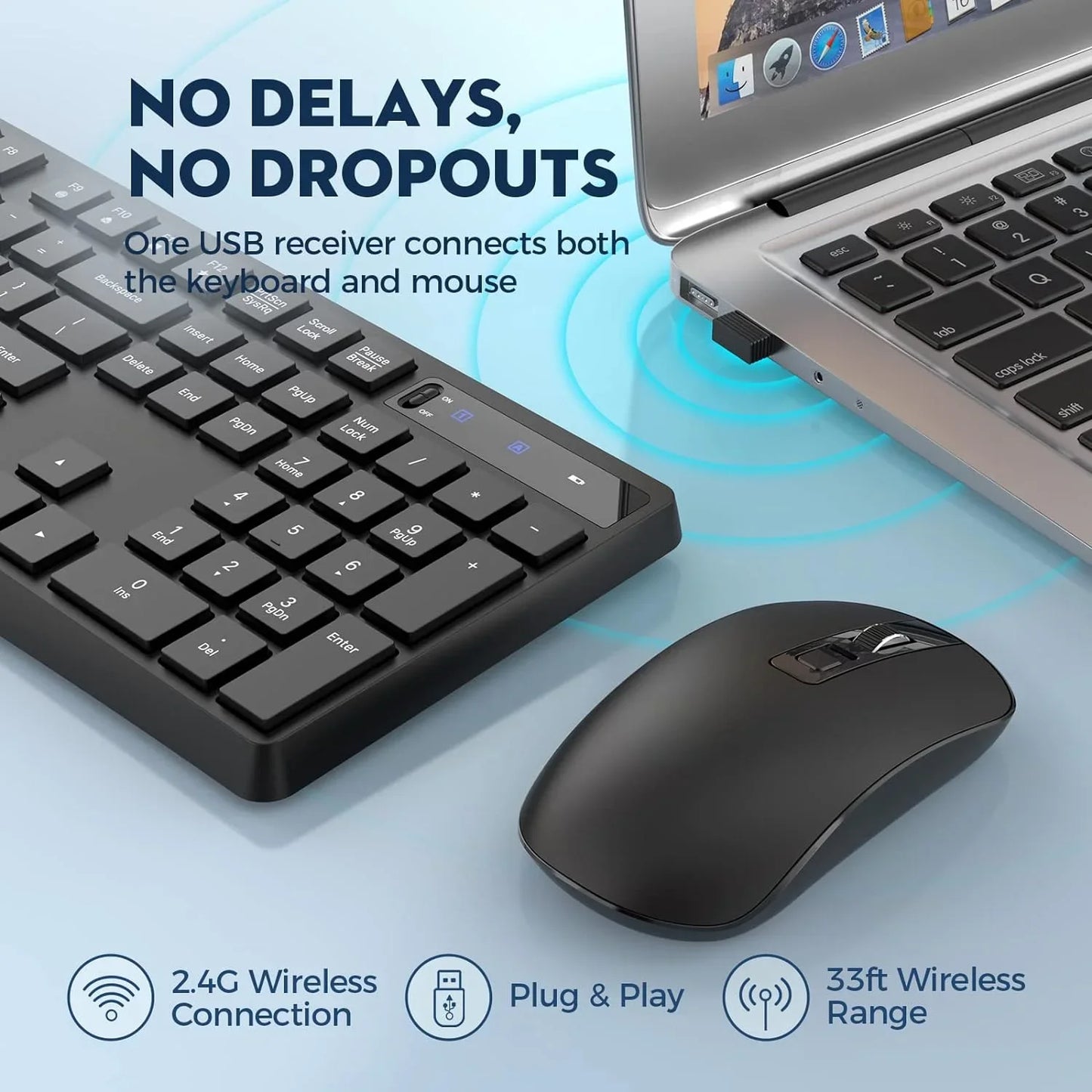 Wireless Keyboard and Mouse Combo, 104 Full-Size Adjustable Keyboard with Battery Indicator, Compact Computer Keyboard, Silent Mouse, 3 DPI, Easy to Use, for Windows, Chrome, Laptop, Computer