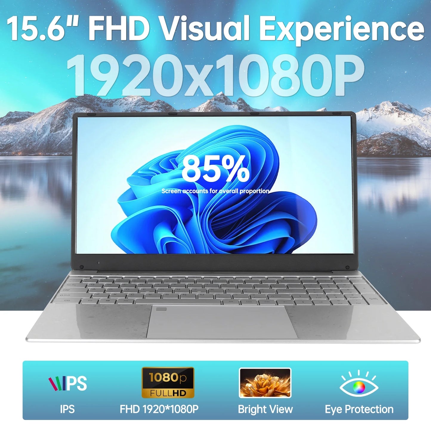 15.6 Inch Laptop 1920*1080 FHD IPS Display, 16GB DDR4 512GB SSD Quad-Core Intel N95 Processors, Wifi, Bluetooth, Fingerprint, Backlit Keyboard, Windows 11 Computer, 15" Lightweight Laptop, Silver