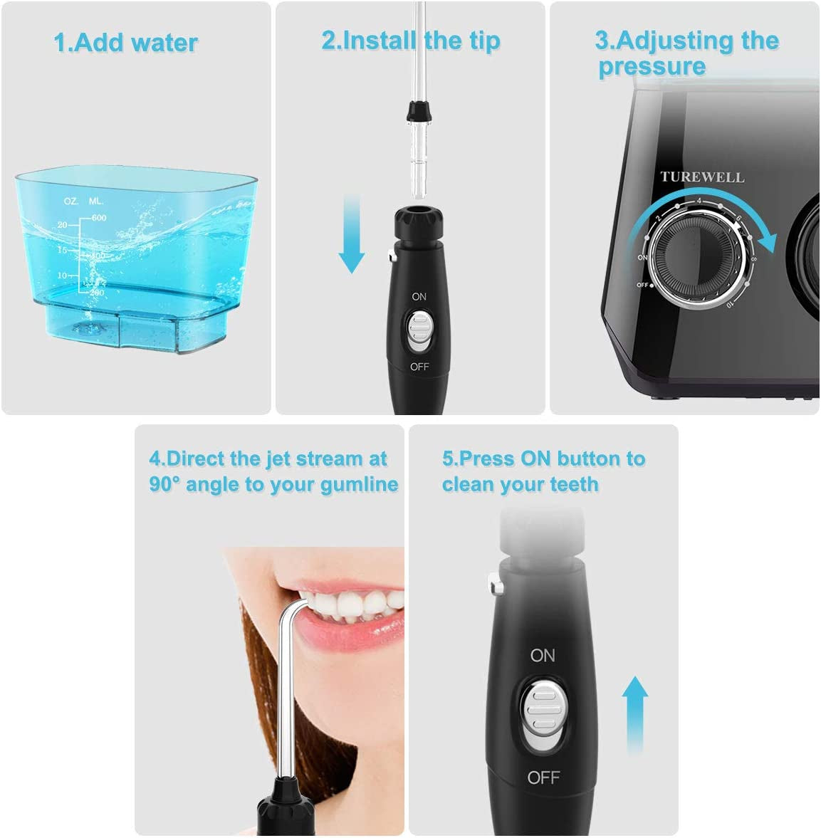 Water Flossing Oral Irrigator, 600ML Dental Teeth Cleaner 10 Adjustable Pressure, Electric Oral Flosser for Braces, 8 Replacement Jet Tips for Family (Black)