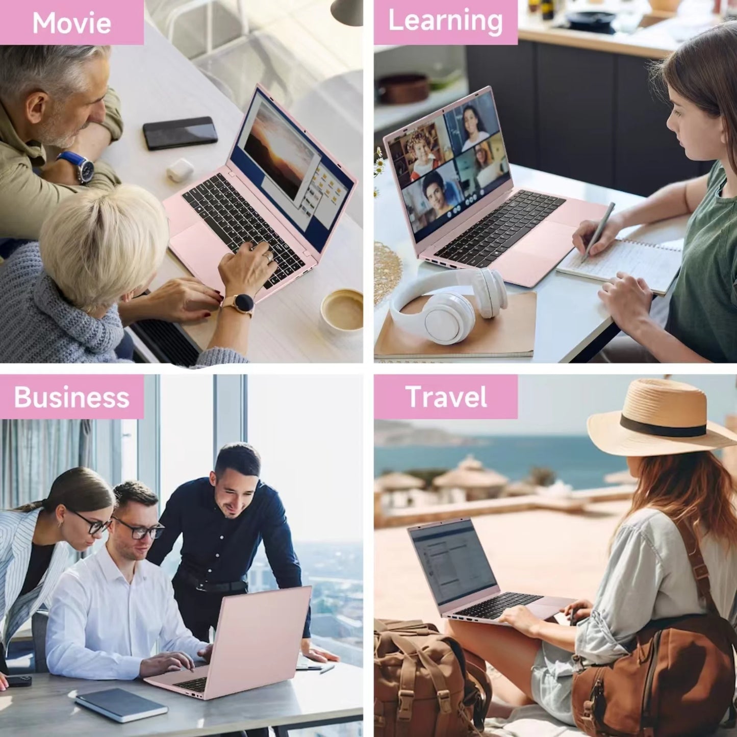 15.6" Laptop Computer, 12GB RAM 512GB SSD, FHD Display with Intel N150 (Up to 3.6Ghz), Windows 11 Pro Laptop, Fingerprint, Backlit KB, Pink