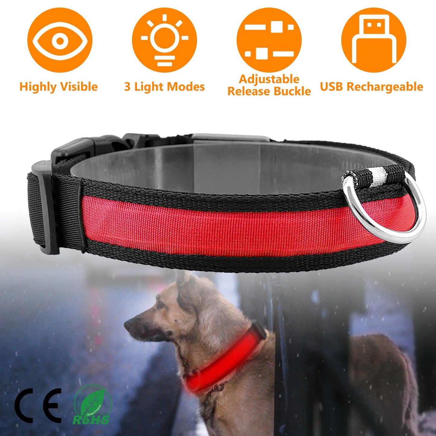 GBruno LED Dog Collar – USB Rechargeable Light-Up Safety Collar, 328 ft Visibility, 3 Light Modes, Sizes S M L, Multiple Colors