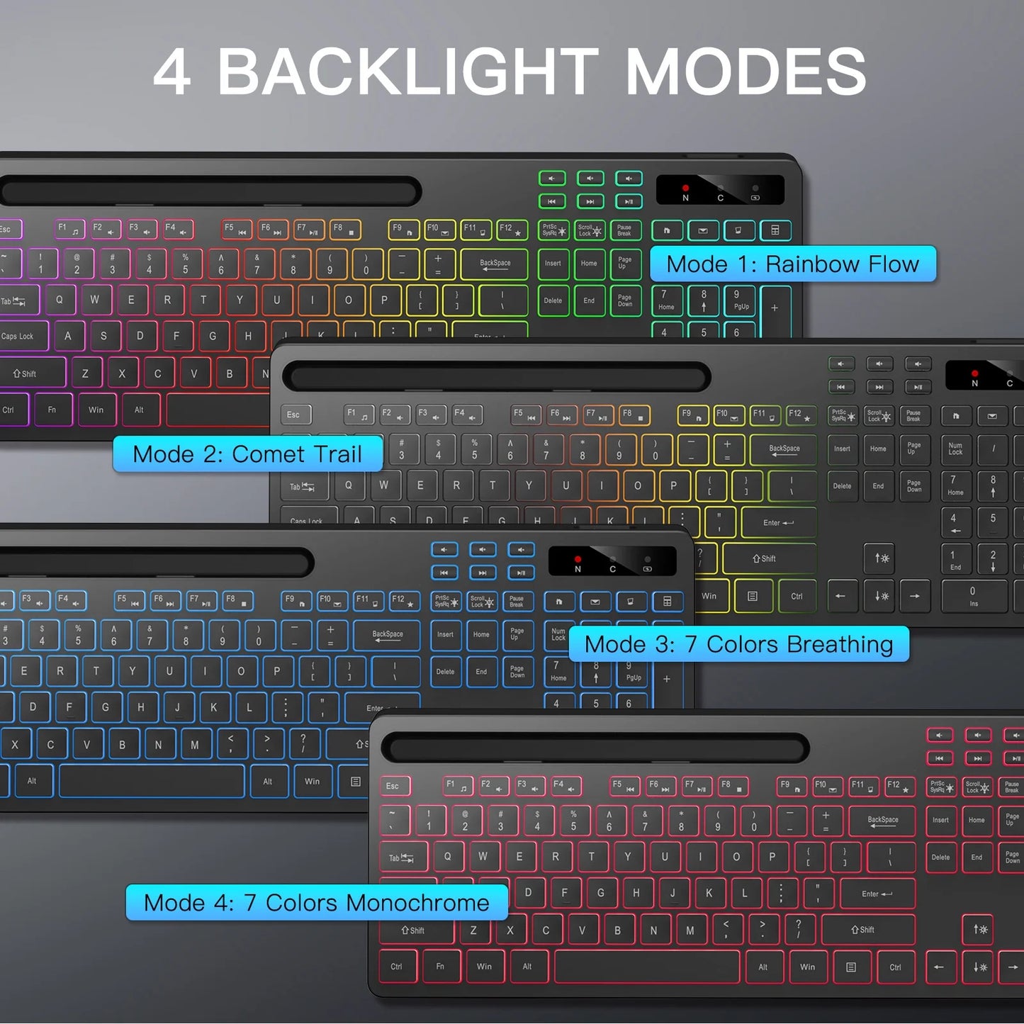 Wireless Keyboard with 7-Color RGB Backlit, Full-Size Computer Keyboard with Phone Tablet Holder, Rechargeable 2.4G Wireless Gaming Keyboard with Light up Keys, Compatible with Mac,Window,Black
