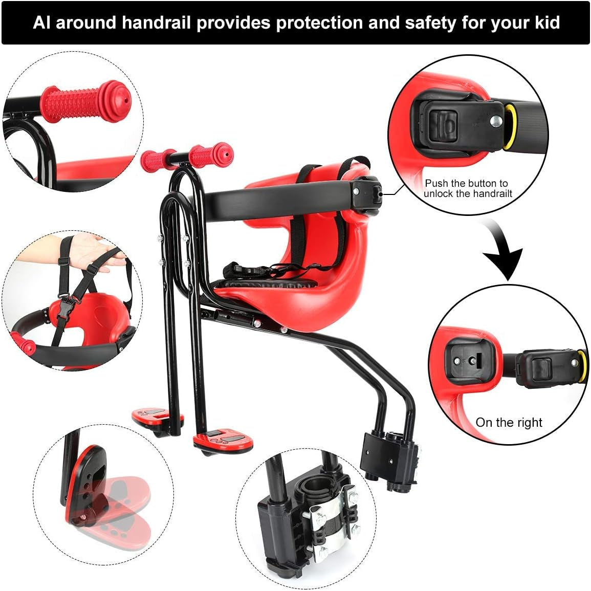 Baby Bike Seat, Front Mount Kids Bike Seat for Toddler with Safety Belt and Handrail, Compatilble with Adult Bike