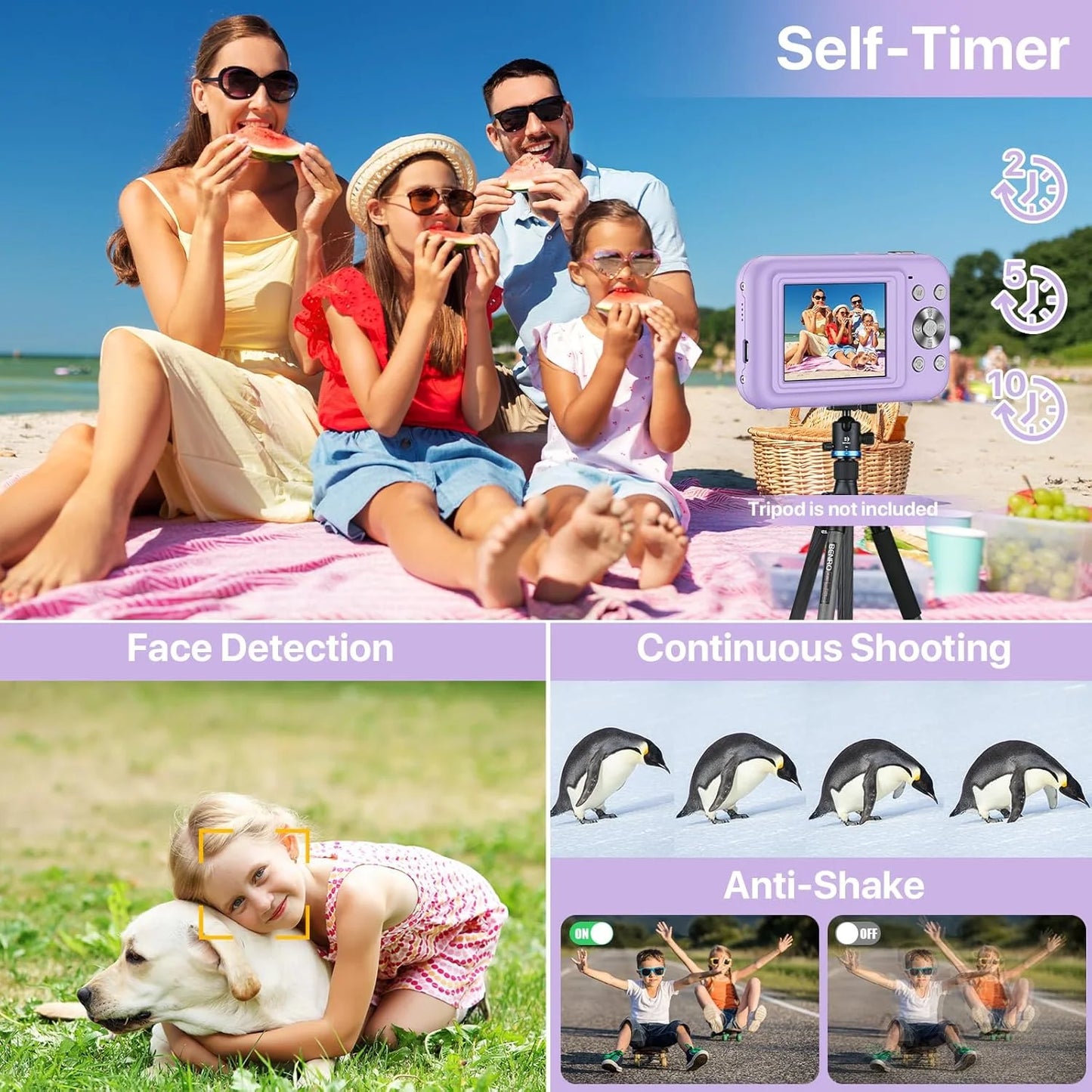 Digital Camera Kids Camera with 32GB Card FHD 1080P 44MP Vlogging Camera 16X Digital Zoom Portable Camera (Purple)