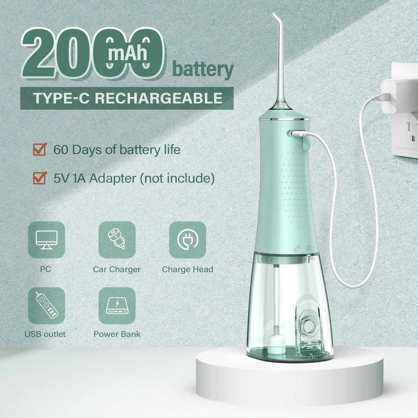 Oral Irrigator USB Rechargeable Water Flosser Portable Dental Water Jet 280ML Water Tank Waterproof Teeth Cleaner for Oral