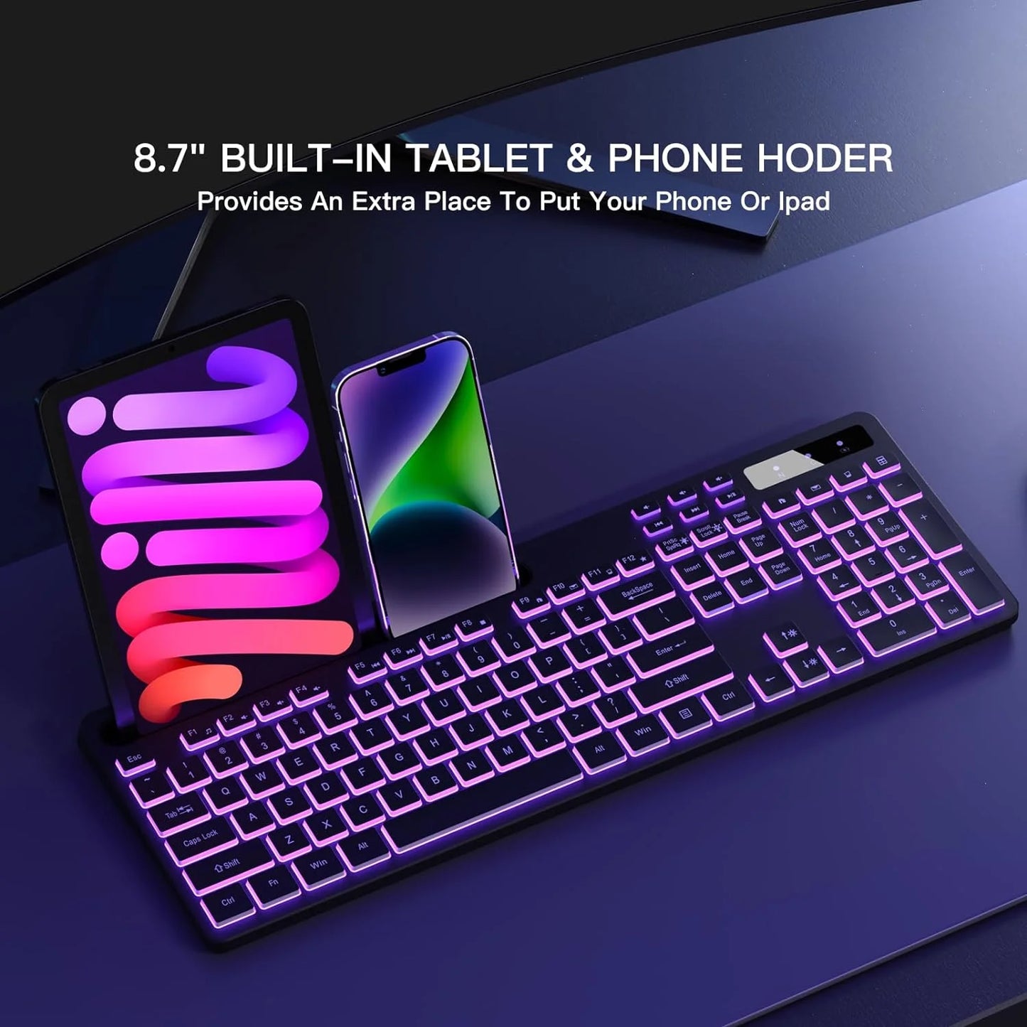 Wireless Keyboard with 7-Color RGB Backlit, Full-Size Computer Keyboard with Phone Tablet Holder, Rechargeable 2.4G Wireless Gaming Keyboard with Light up Keys, Compatible with Mac,Window,Black