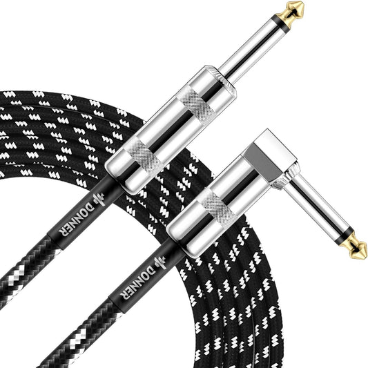 Guitar Cable 10 Ft, Electric Instrument Cable Bass Amp Cord for Electric Guitar Bass Amplifier Audio, 1/4" Right Angle to Straight, Black White
