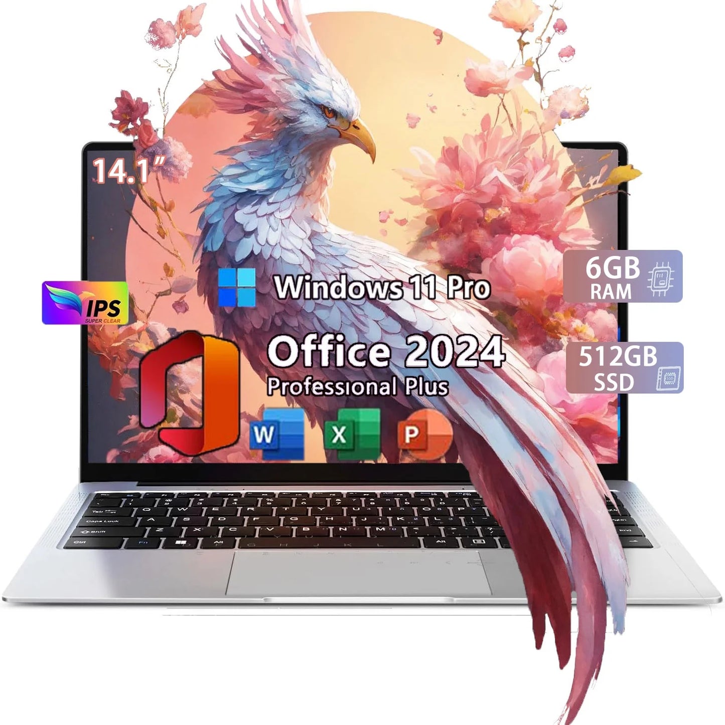 14.1 Inch Lightweight Business Laptop Computer Windows 11 Pro Office 2024 6GB RAM 512GB SSD FHD IPS Display Intel Celeron N4000 for Student, Home Office, Business (Silver)