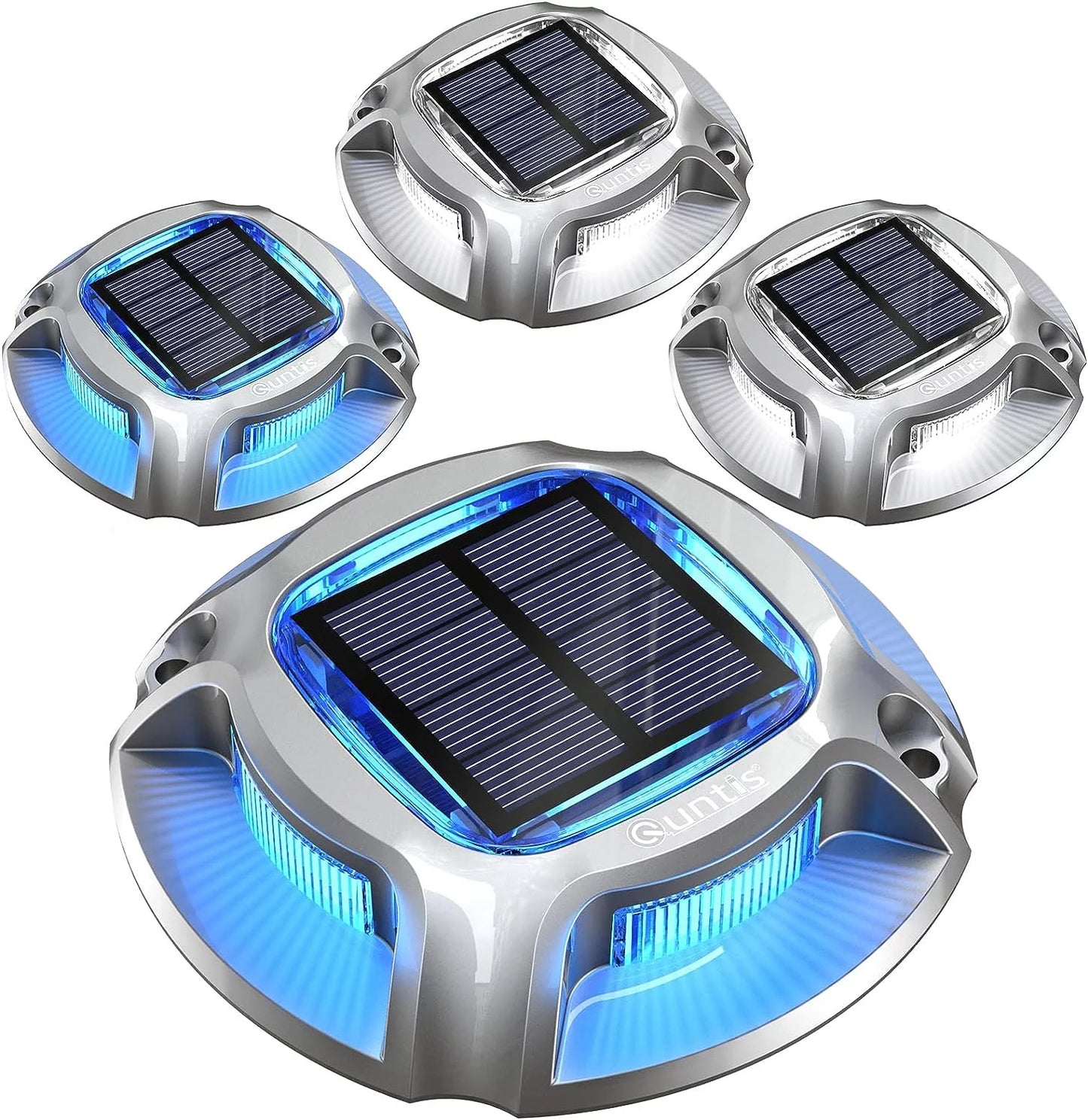 4 Pack Solar Deck Lights Outdoor, Blue+White Solar Powered Driveway Lights, IP68 Waterproof Solar Dock Lights Warning Step Lights, Sidewalk Marker Lights for Path Stair Dock Garage