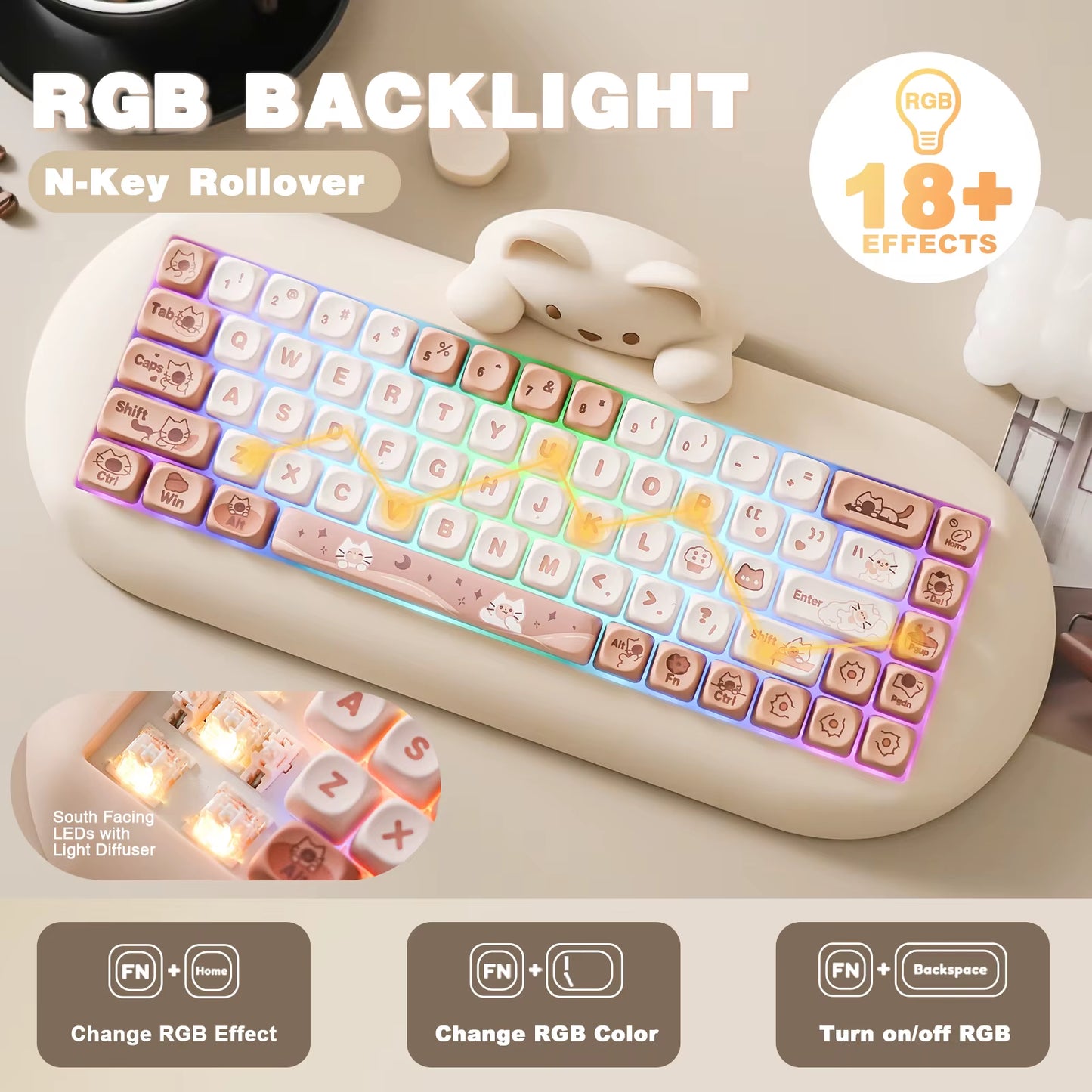 C68 Wireless Gaming Keyboard, Hi-Fi Cute Cat Custom RGB Mechanical Keyboard, Silicone 65% Hot Swap Ergonomic Kitty Keeb