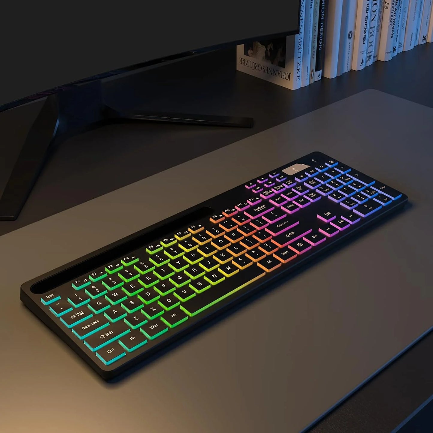 Wireless Keyboard with 7-Color RGB Backlit, Full-Size Computer Keyboard with Phone Tablet Holder, Rechargeable 2.4G Wireless Gaming Keyboard with Light up Keys, Compatible with Mac,Window,Black