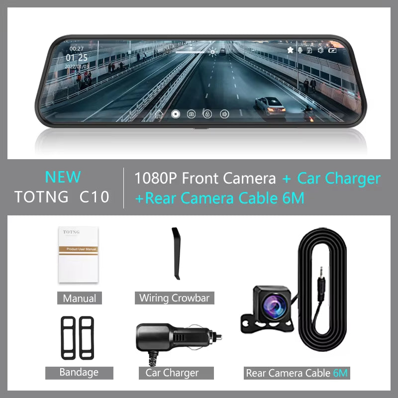 10-Inch for Car Touch Screen Video Recorder Rearview Mirror Dash Cam Front and Rear Camera Mirror DVR (Rear Camera Optional)