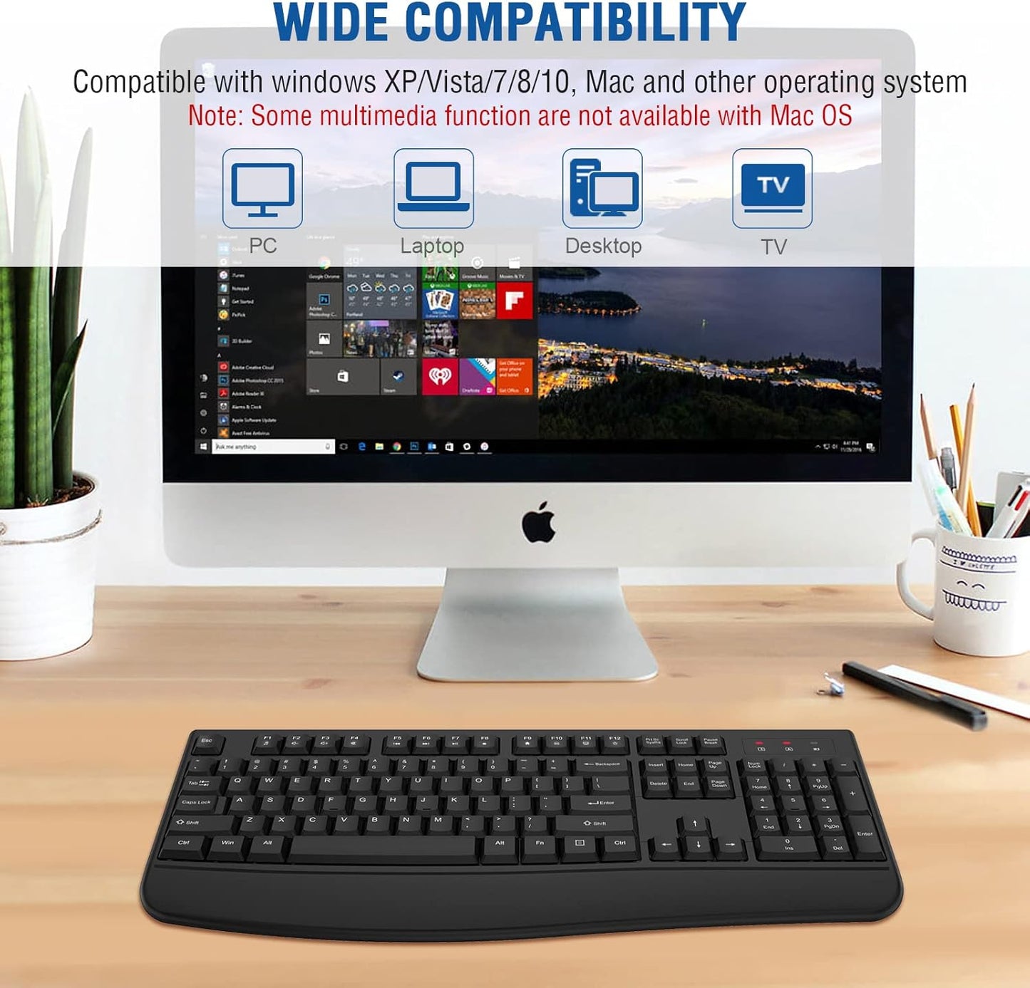 Wireless Keyboard, 2.4G Ergonomic Full Size Wireless Computer Keyboard with Wrist Rest for Windows, Mac OS Desktop/Laptop/Pc(Black)