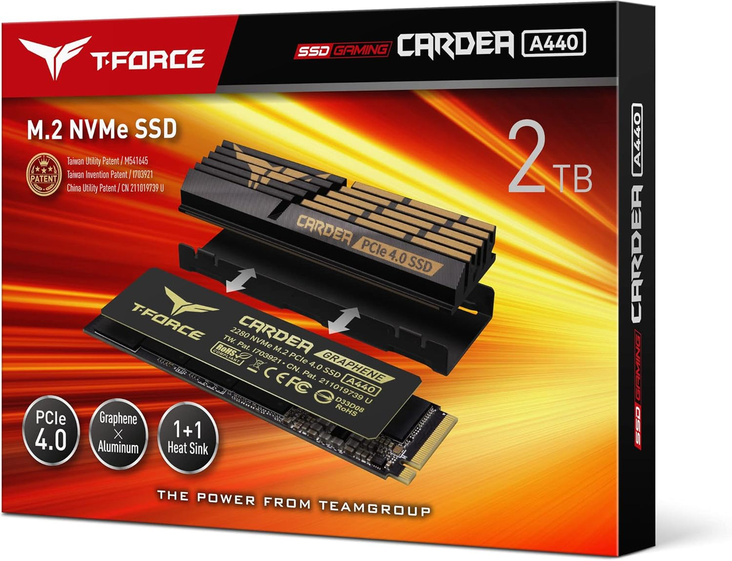 T-FORCE A440 Aluminum Heatsink 2TB DRAM SLC Cache 3D NAND TLC Nvme Pcie Gen4X4 M.2 2280 Internal SSD R/W 7000/6900 Mb/S TM8FPZ002T0C327