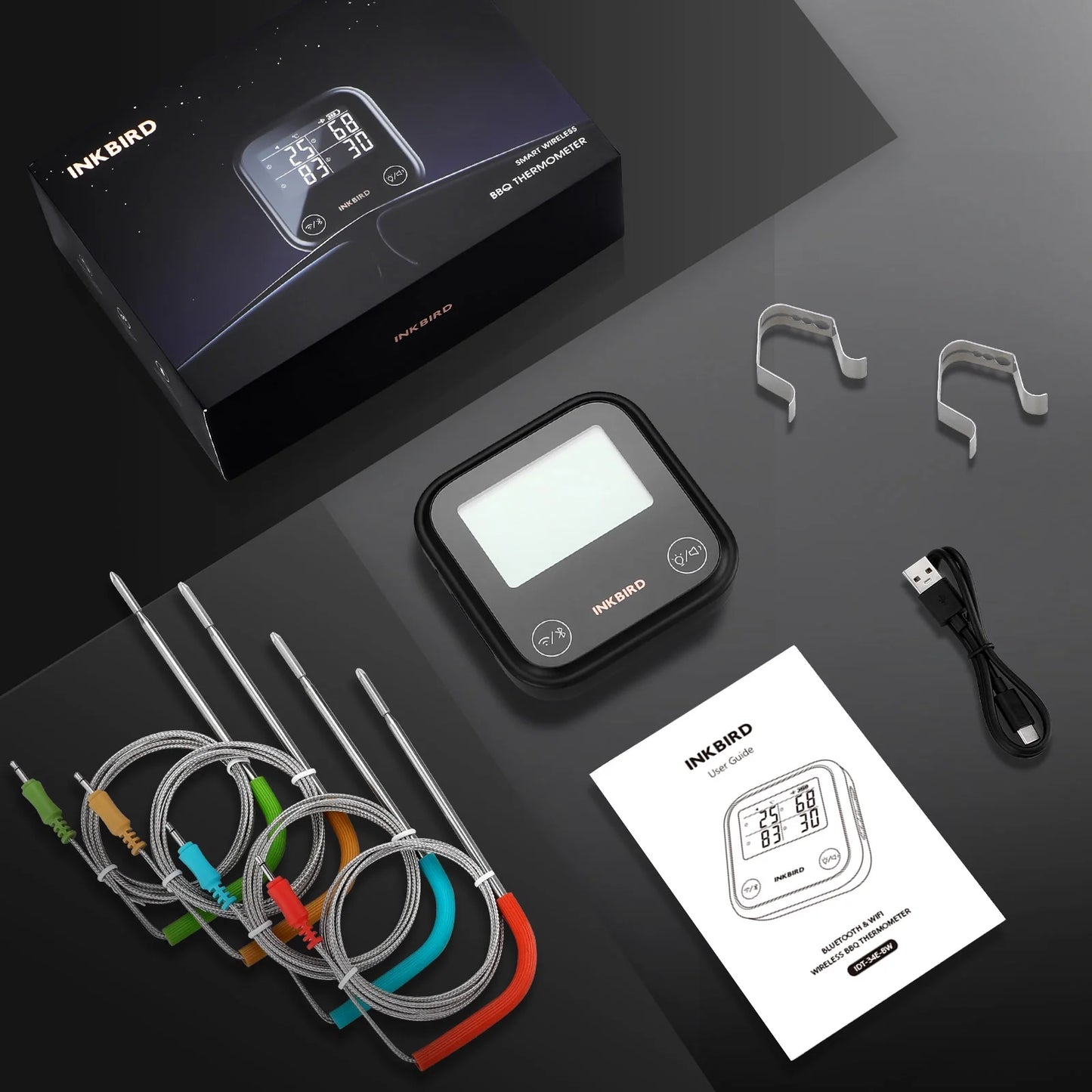 Wifi&Bluetooth Meat Thermometer,4 Colored Probes Wireless BBQ Thermometers for Barbecue ,Smoker,Oven | APP Calibration Temp Graph | Mobile Notification Timer Alarm