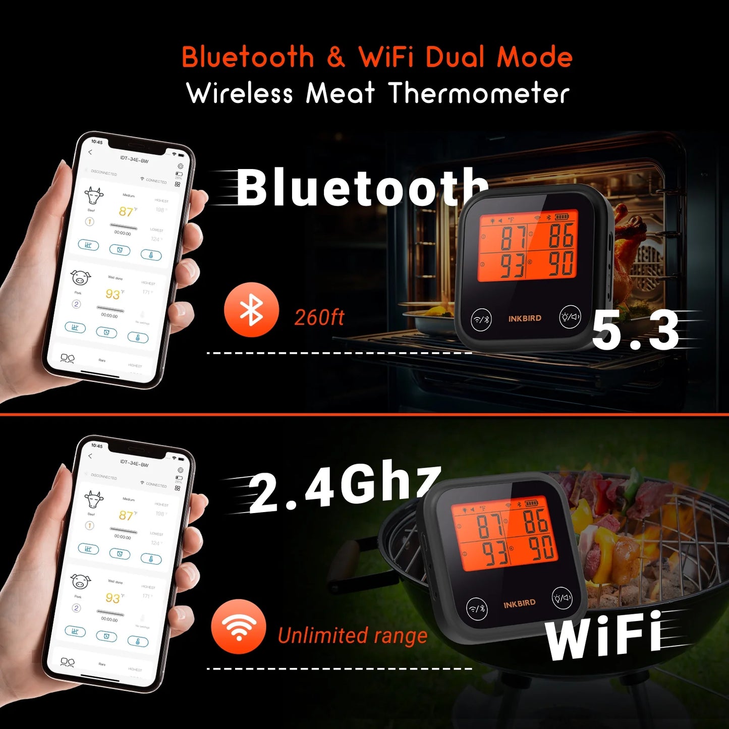 Wifi&Bluetooth Meat Thermometer,4 Colored Probes Wireless BBQ Thermometers for Barbecue ,Smoker,Oven | APP Calibration Temp Graph | Mobile Notification Timer Alarm