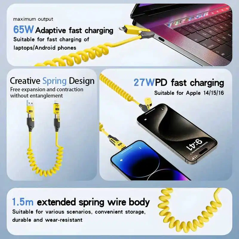 4-in-1 65W Spring Telescopic USB Type C Charger Cable - Quick Charge for iPhone 15/14/13/12 - 6A Fast Charging Solution