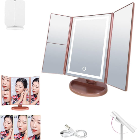 Vanity Mirror with Lights,Makeup Mirror with Lights,Makeup Case with Lighted Mirror,2X 3X 10X Magnification,Rechargeable Lighted Makeup Vanity Mirror,Touch Screen,With TYPE-C Charging(Rose Gold)