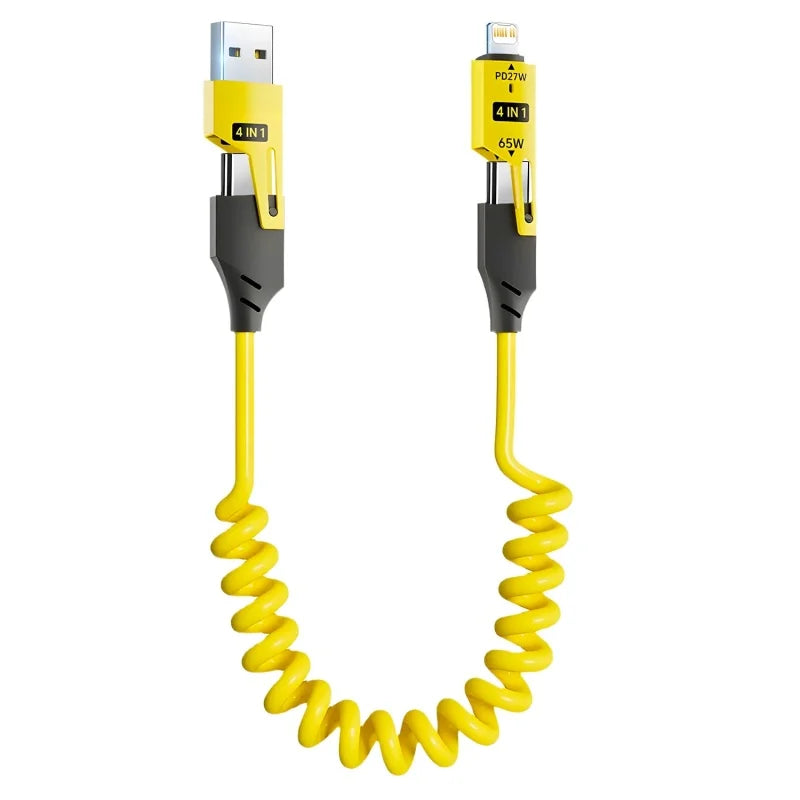 4-in-1 65W Spring Telescopic USB Type C Charger Cable - Quick Charge for iPhone 15/14/13/12 - 6A Fast Charging Solution