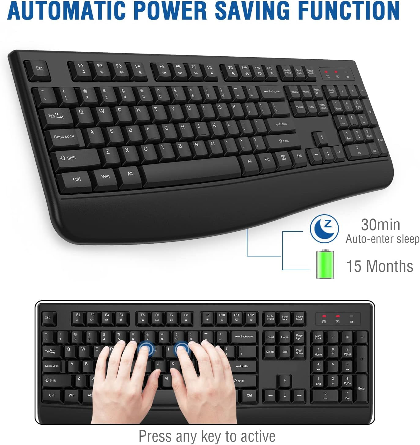 Wireless Keyboard, 2.4G Ergonomic Full Size Wireless Computer Keyboard with Wrist Rest for Windows, Mac OS Desktop/Laptop/Pc(Black)
