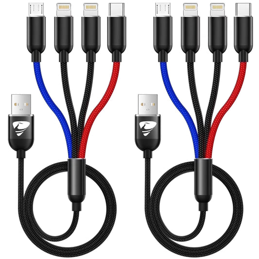2 Pack Multi Charging Cable, 4 in 1 Multi Phone Charger Cable Fast Charging Cord with USB C, Micro USB Cable Compatible with Iphone/Samsung/Android Phone, Black