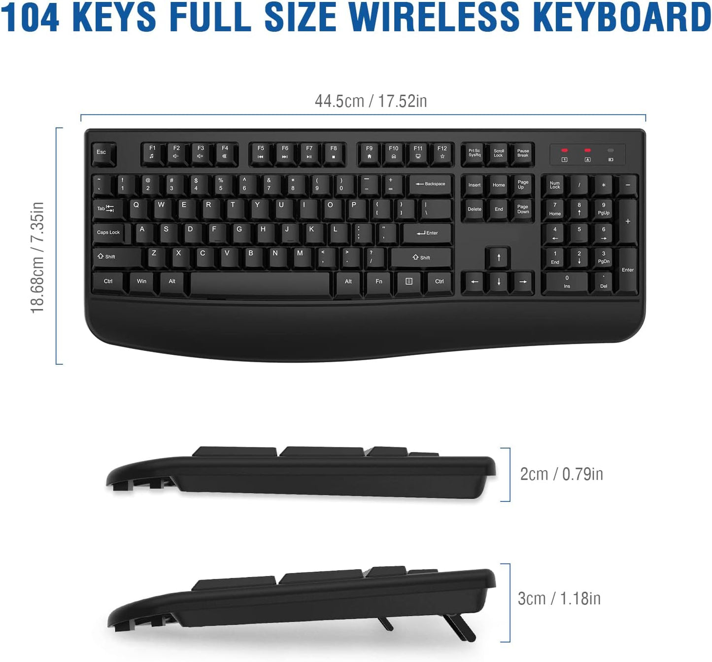 Wireless Keyboard, 2.4G Ergonomic Full Size Wireless Computer Keyboard with Wrist Rest for Windows, Mac OS Desktop/Laptop/Pc(Black)