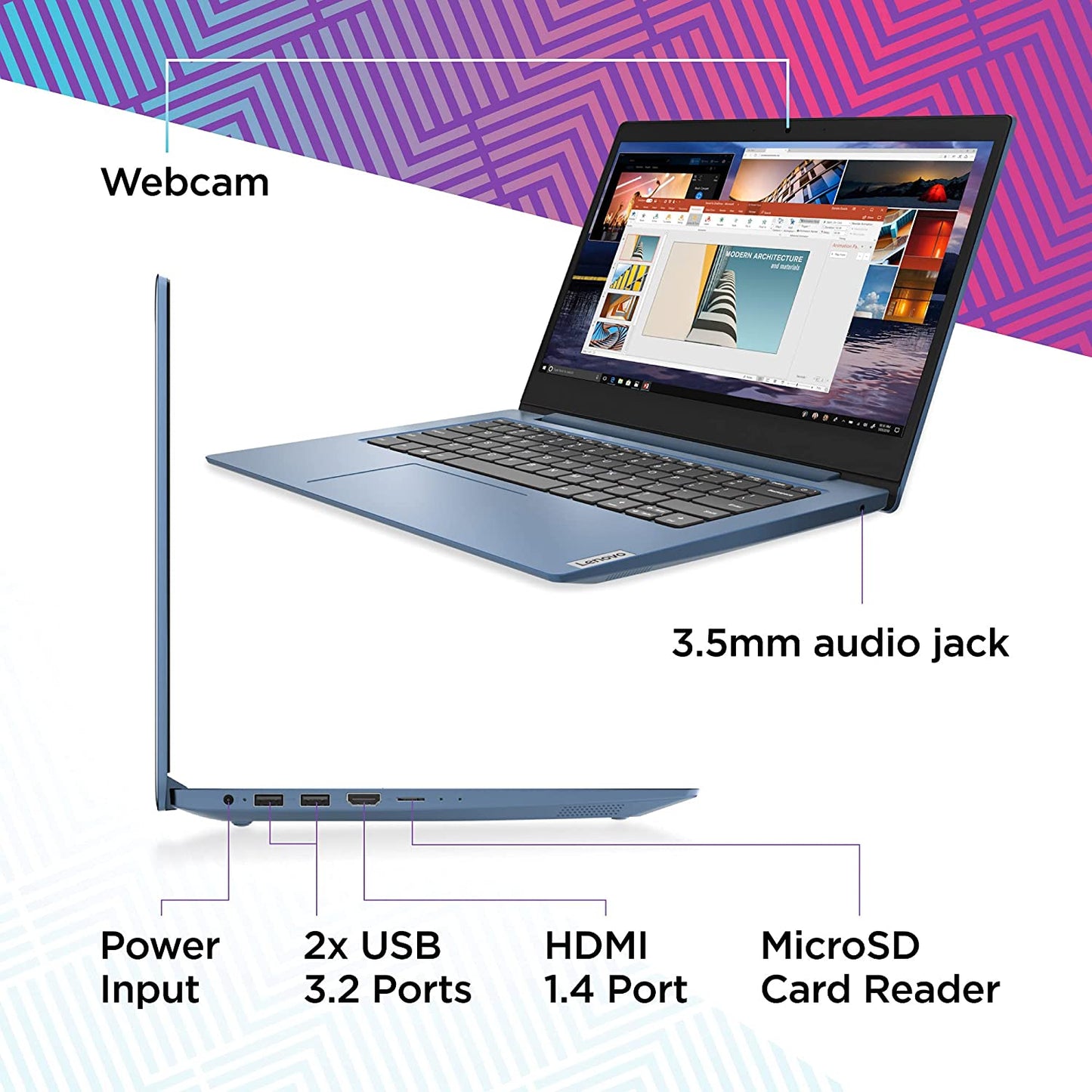 Ideapad 1 Laptop, 14.0" HD Display, Intel Celeron N4020, 4GB RAM, 64GB Storage, Intel UHD Graphics 600, Windows 11 in S Mode, Ice Blue