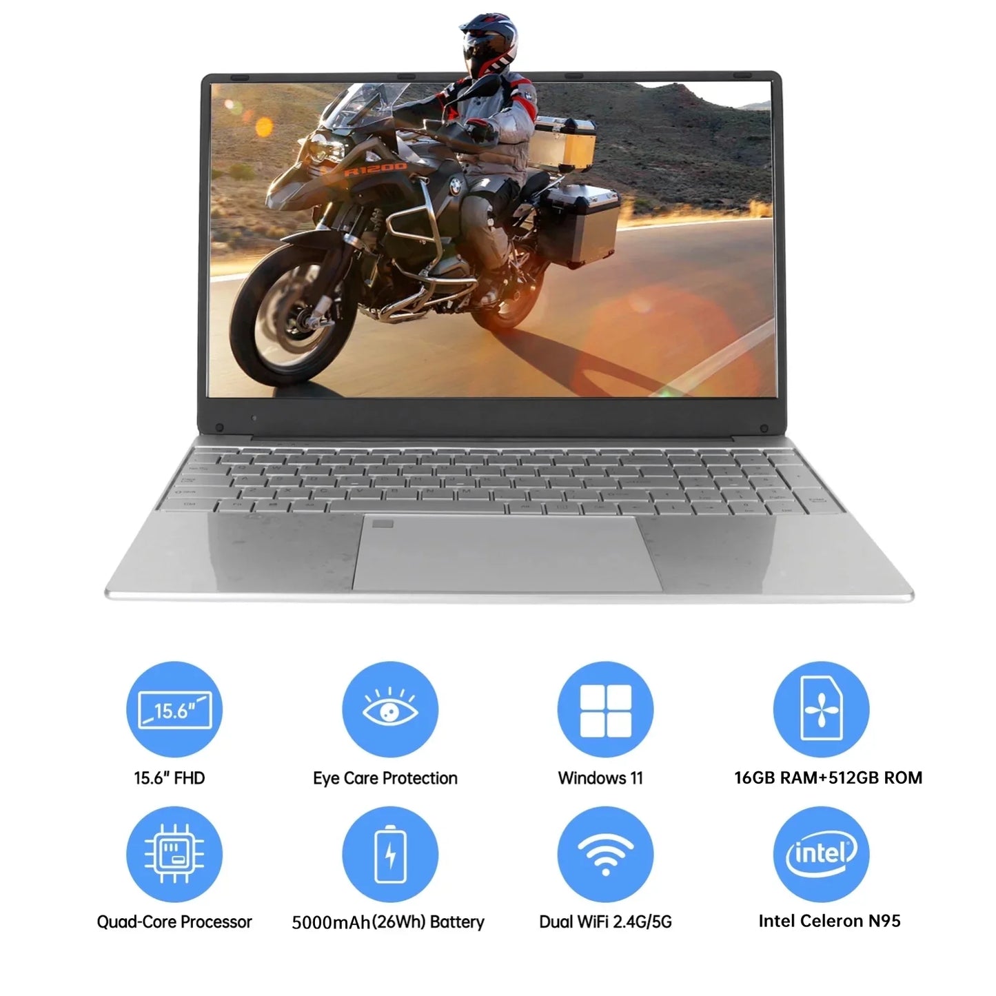 15.6 Inch Laptop 1920*1080 FHD IPS Display, 16GB DDR4 512GB SSD Quad-Core Intel N95 Processors, Wifi, Bluetooth, Fingerprint, Backlit Keyboard, Windows 11 Computer, 15" Lightweight Laptop, Silver
