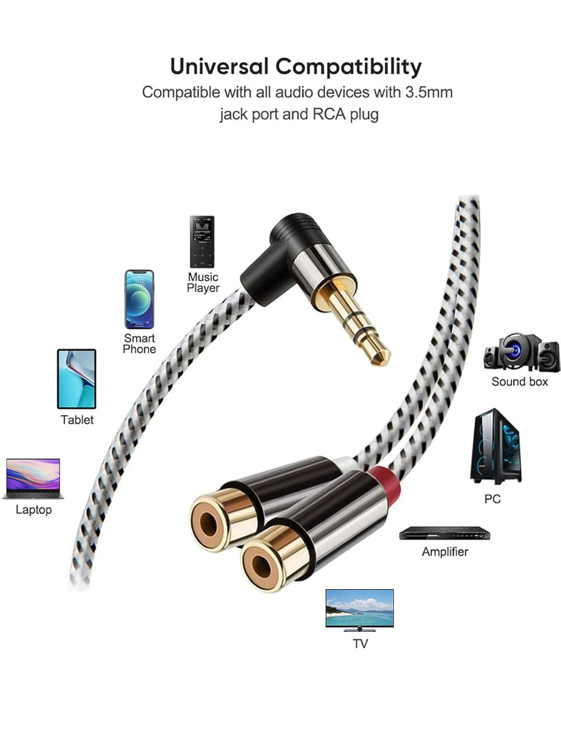3.5Mm to 2RCA Female Cable, Angle 3.5Mm Mini-Jack to RCA Stereo Audio Y Cable Gold Plated, Compatible with Iphone,Ipod,Mp3,Tablets,Hifi Stereo System, Speaker,3Ft/0.92M